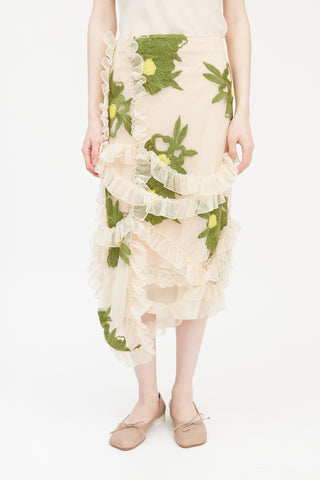 Simone Rocha Pink & Multicolour Floral Embroidered Ruffled Mesh Skirt