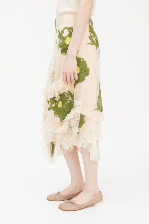 Simone Rocha Pink & Multicolour Floral Embroidered Ruffled Mesh Skirt