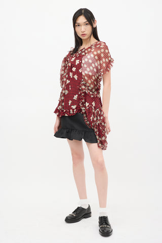 Simone Rocha SS 2017 Red & Multicolour Silk Floral Checker Asymmetrical Top
