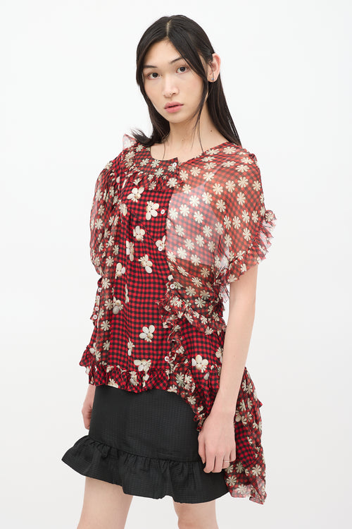 Simone Rocha SS 2017 Red & Multicolour Silk Floral Checker Asymmetrical Top