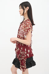 Simone Rocha SS 2017 Red & Multicolour Silk Floral Checker Asymmetrical Top