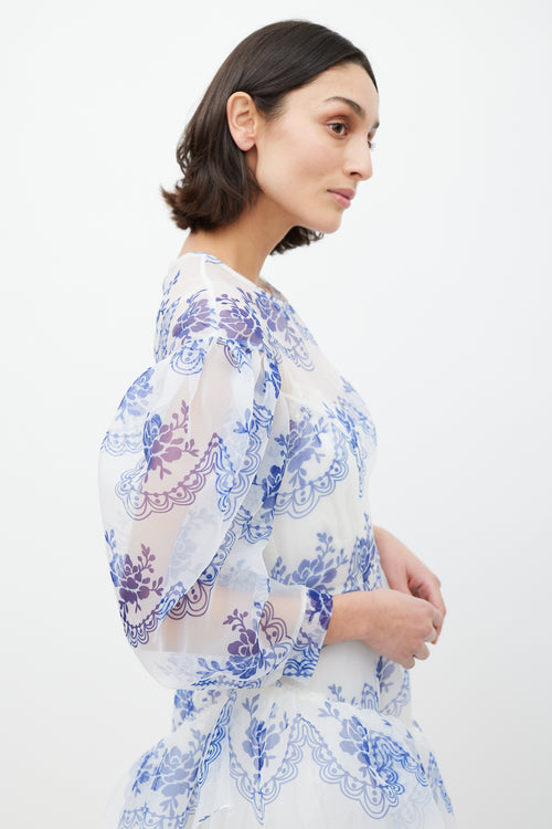 Simone Rocha White & Blue Floral Ruffled Dress