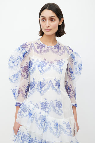 Simone Rocha White & Blue Floral Ruffled Dress