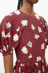 Simone Rocha Spring 2017 Red & Black Gingham & Floral Embellished Dress