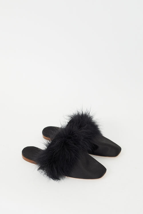 Sleeper Black Satin Feather Trim Manon Mule