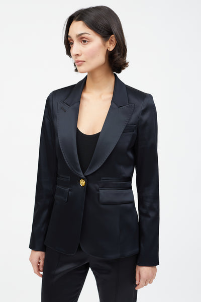 Smythe // Black Satin & Gold Button Suit – VSP Consignment