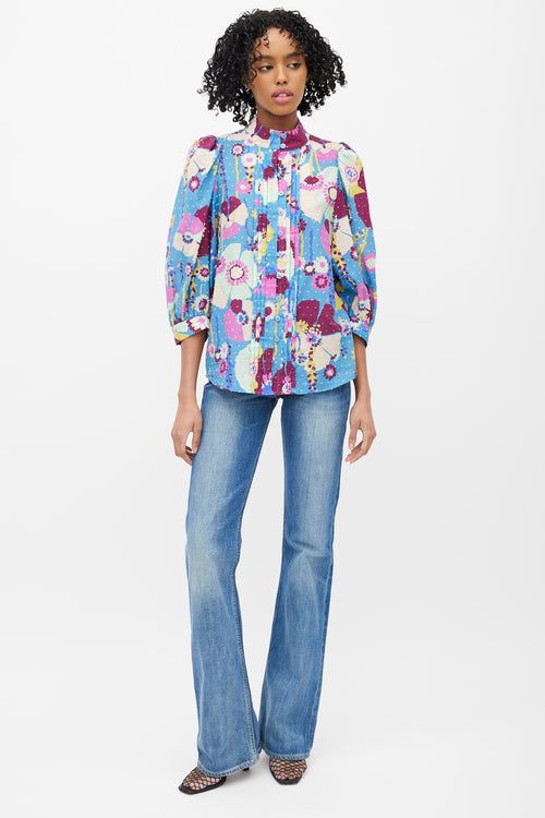 Smythe Blue & Multicolour Floral Pleated Top