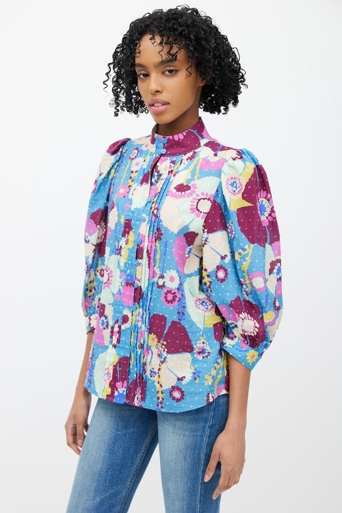 Smythe Blue & Multicolour Floral Pleated Top