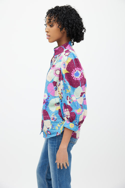 Smythe Blue & Multicolour Floral Pleated Top