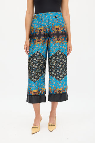 Smythe Blue & Multicolour Ornate Wide Cropped Trouser