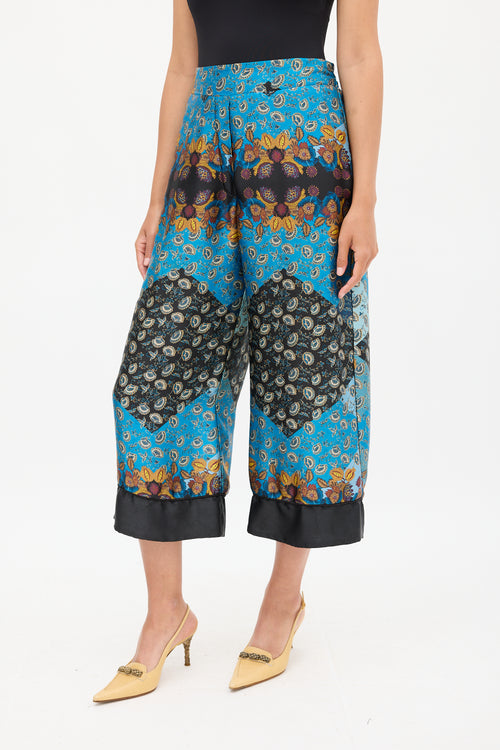 Smythe Blue & Multicolour Ornate Wide Cropped Trouser