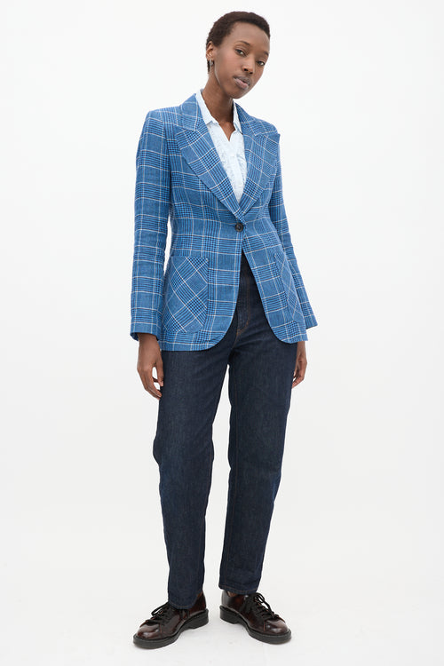 Blue & White Linen Plaid Blazer