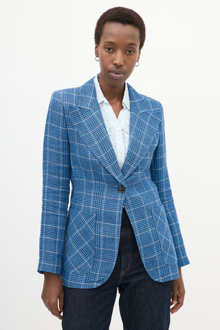 Blue & White Linen Plaid Blazer