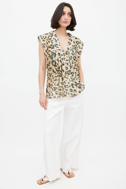 Smythe Gold & Green Print V-Neck Blouse
