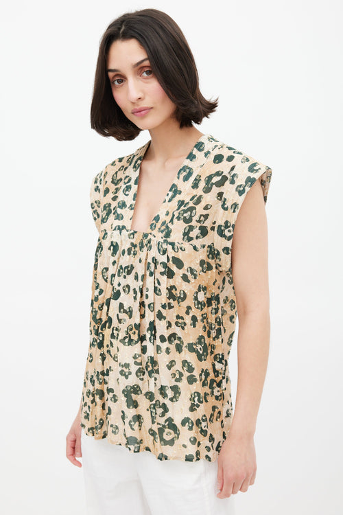 Smythe Gold & Green Print V-Neck Blouse