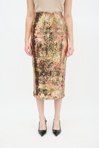 Smythe Gold & Multi Floral Sequin Midi Skirt