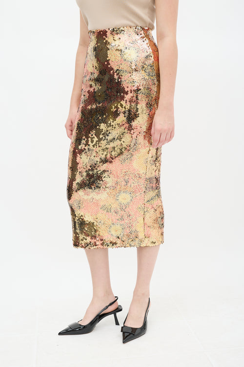 Smythe Gold & Multi Floral Sequin Midi Skirt