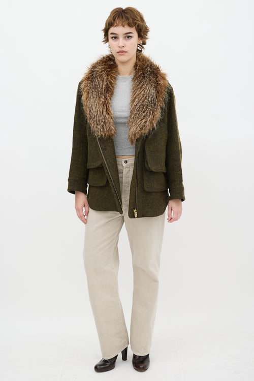 Smythe Green Wool Flak Faux Fur Jacket