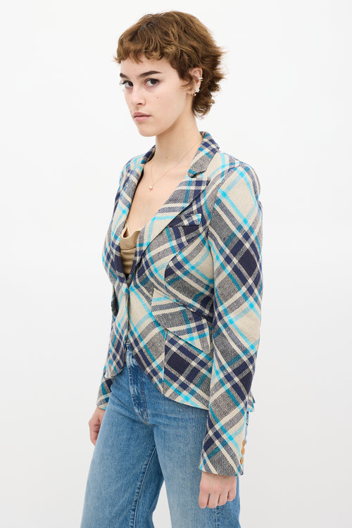 Smythe Grey & Blue Plaid Linen Blazer