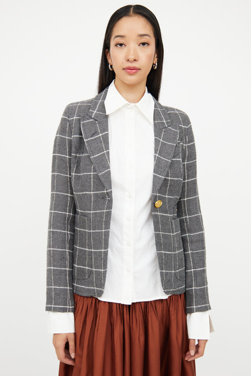 Smythe Grey & White Wool Linen Plaid Button Blazer