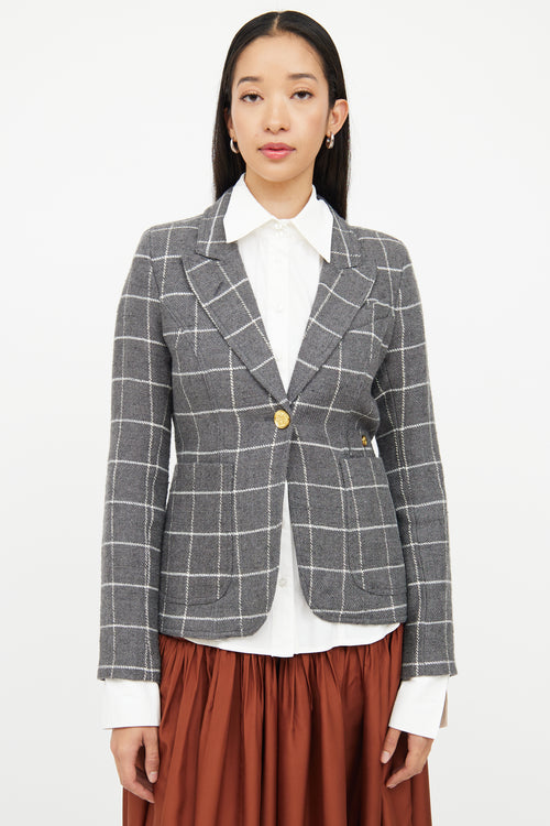 Smythe Grey & White Wool Linen Plaid Button Blazer