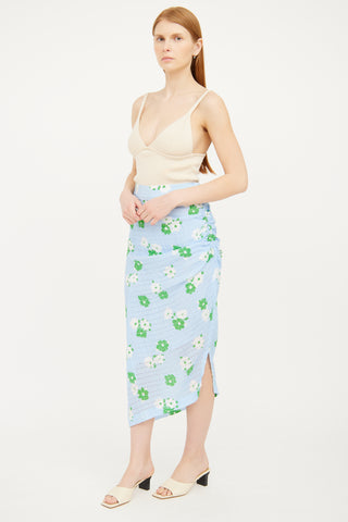Smythe Blue Ruched Floral Midi Skirt