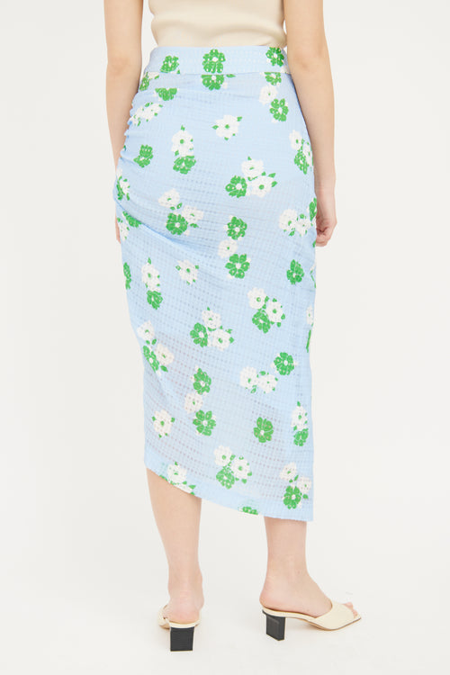 Smythe Blue Ruched Floral Midi Skirt