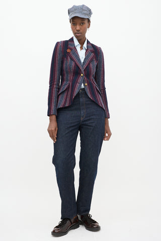 Navy & Multicolour Wool Striped Blazer