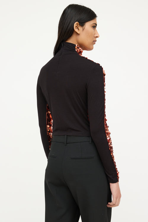 Orange & Black Sequin Mock Neck Top