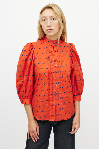 Smythe Orange & Blue Polka Dot Pleated Shirt