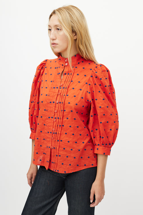Smythe Orange & Blue Polka Dot Pleated Shirt