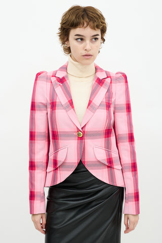 Smythe Pink Plaid Pouf Sleeve Blazer