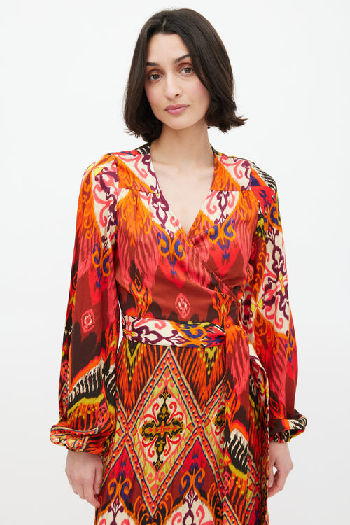 Smythe Red & Multi Ikat Printed Hostess Wrap Dress