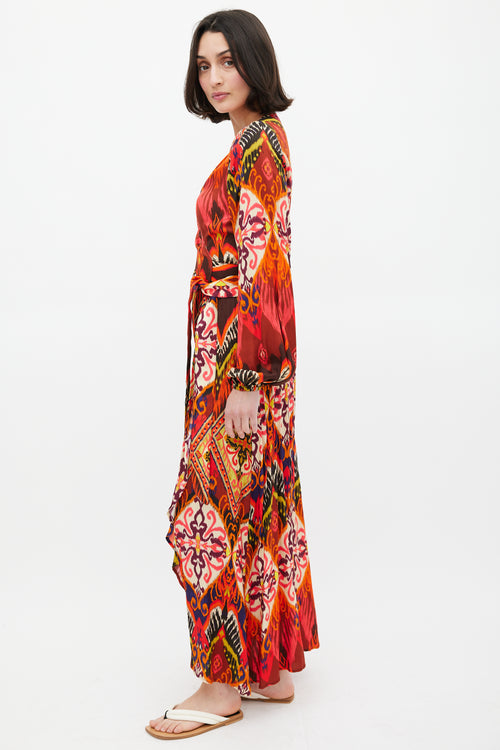 Smythe Red & Multi Ikat Printed Hostess Wrap Dress