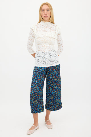 Smythe White Floral Lace Ruffled Top