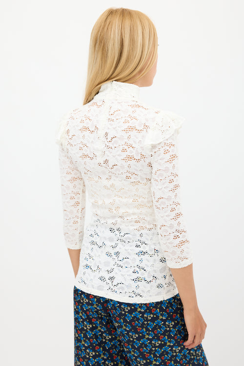 Smythe White Floral Lace Ruffled Top