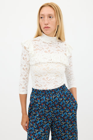 Smythe White Floral Lace Ruffled Top