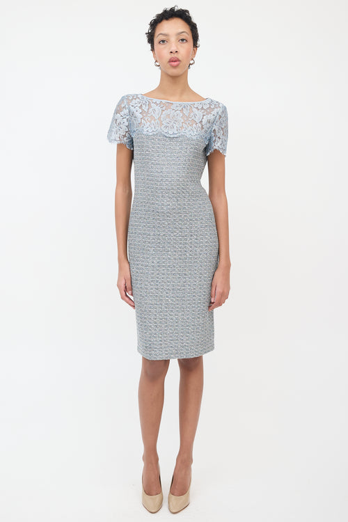 St. John Light Blue Lace & Tweed Dress