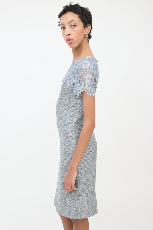 St. John Light Blue Lace & Tweed Dress