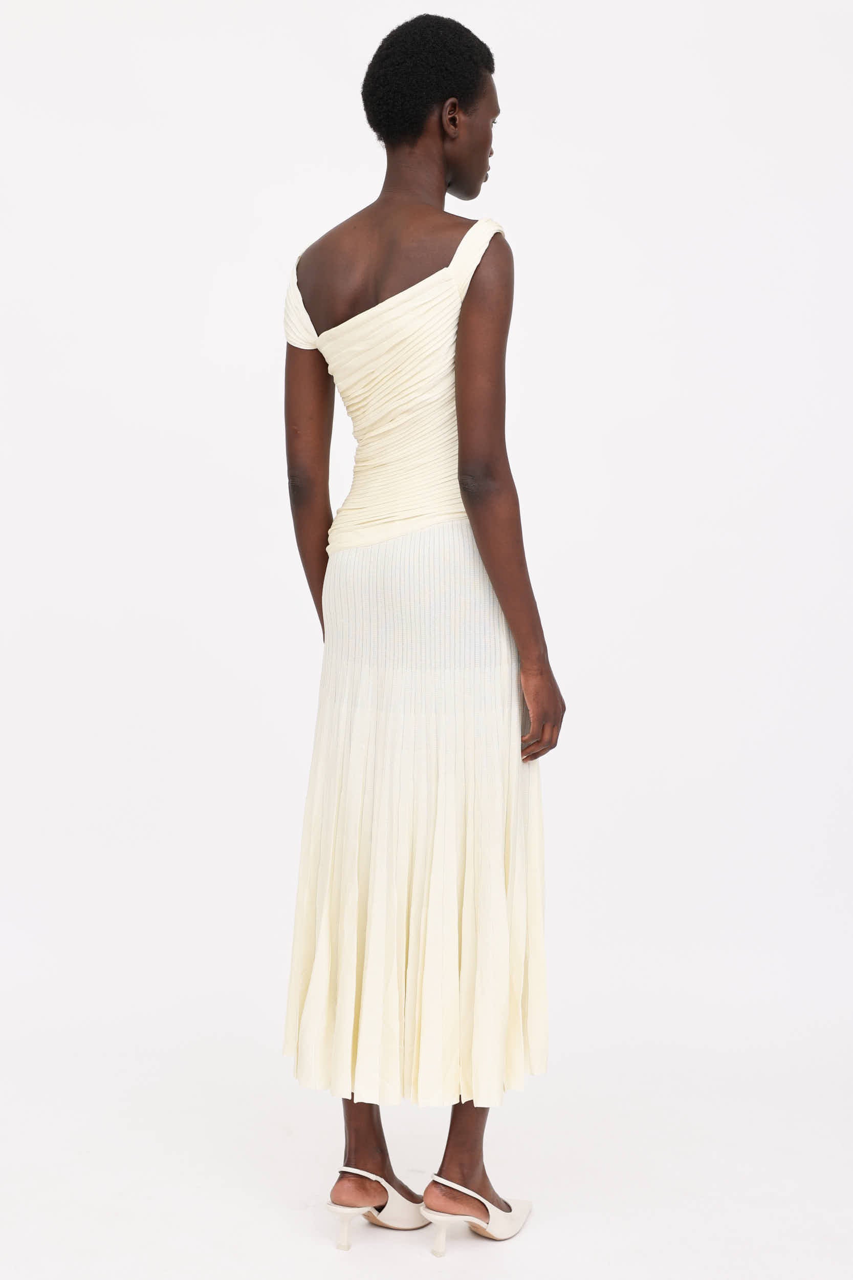 st john one shoulder dress St John One Sleeve Pleated Dress In Ecru