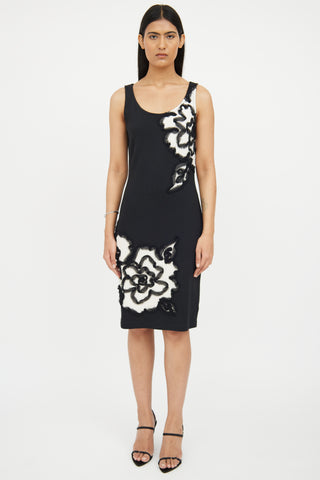 St. John Black & White Floral Midi Dress