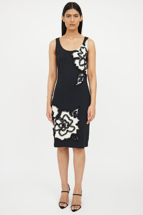 St. John Black & White Floral Midi Dress