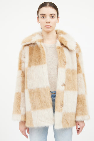 Stand Studio Beige Check Nani Faux Fur Jacket