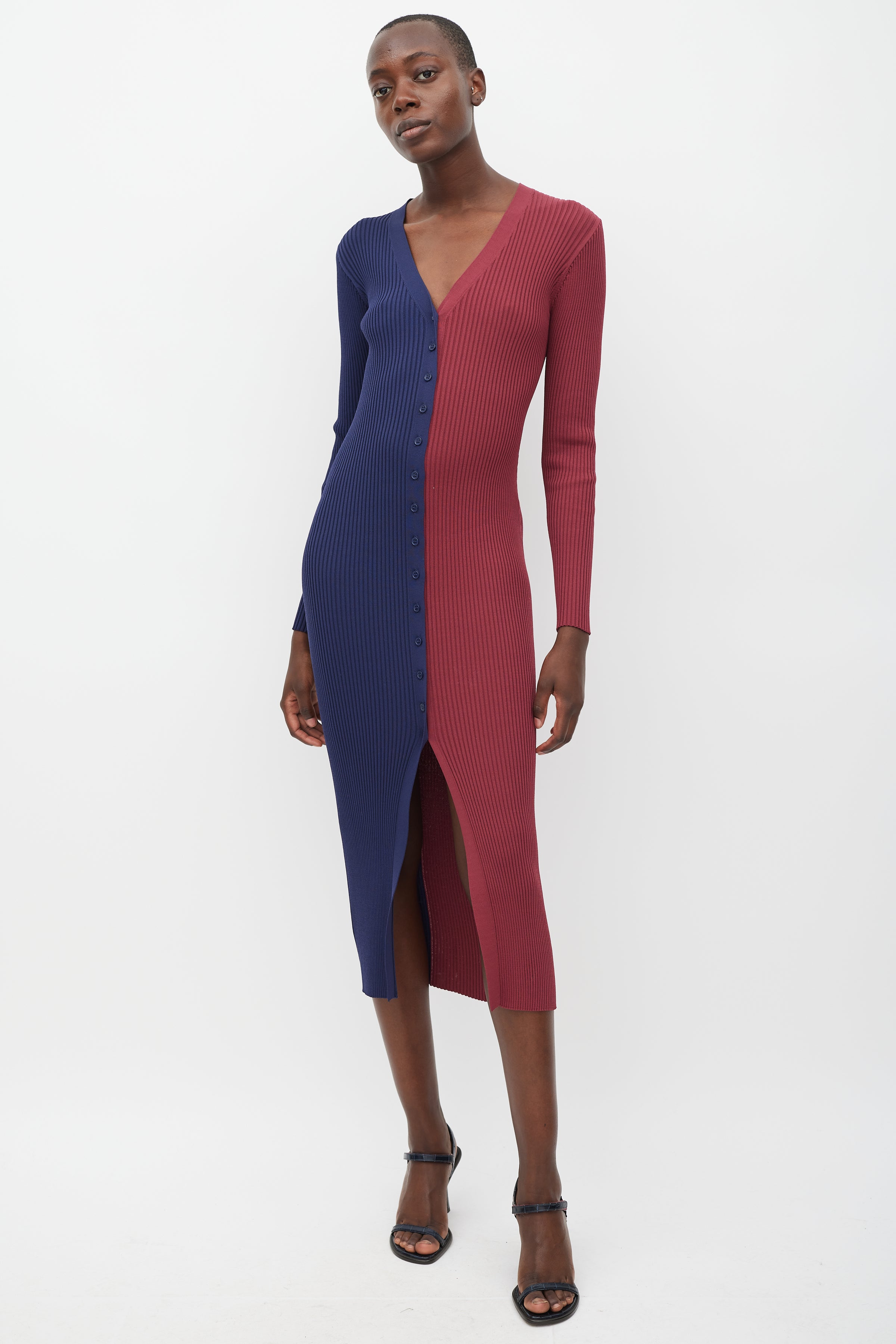 Staud // Navy & Burgundy Ribbed Panelled Dress VSP Consignment Staud // Navy & Burgundy Ribbed Panelled Dress VSP Consignment