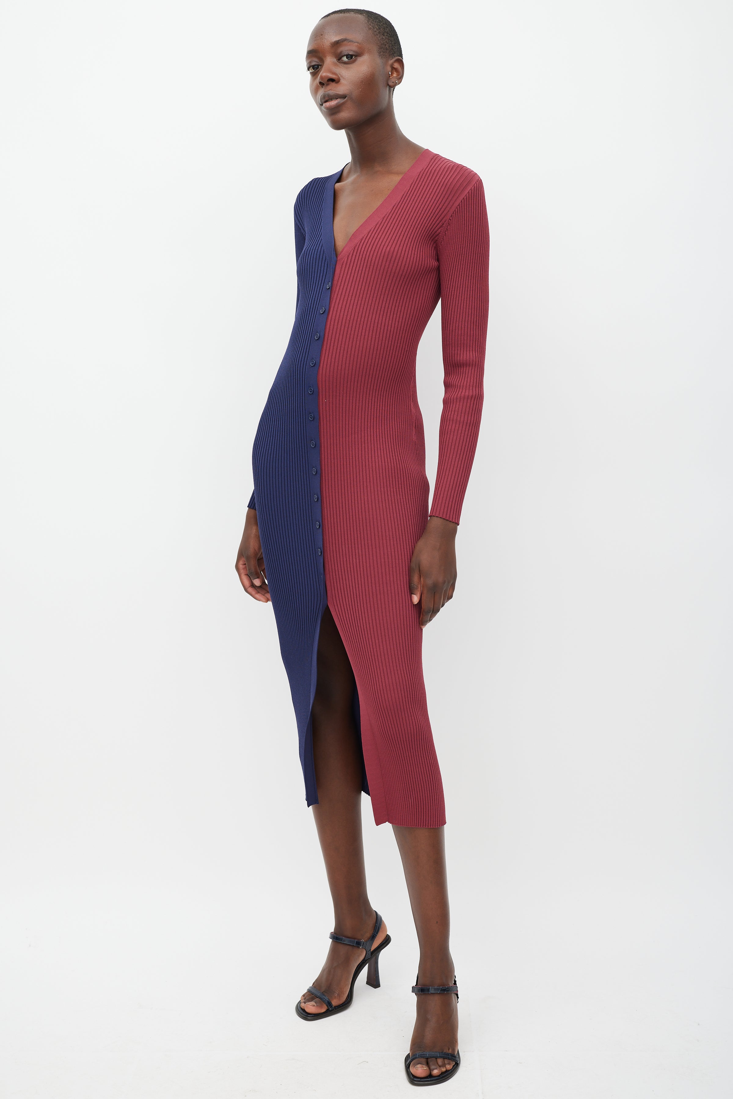 Staud // Navy & Burgundy Ribbed Panelled Dress VSP Consignment Staud // Navy & Burgundy Ribbed Panelled Dress VSP Consignment