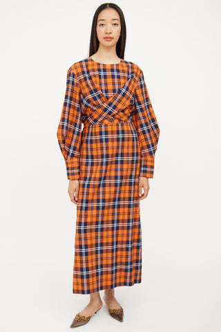 Staud Orange & Navy Plaid Crosshill Dress