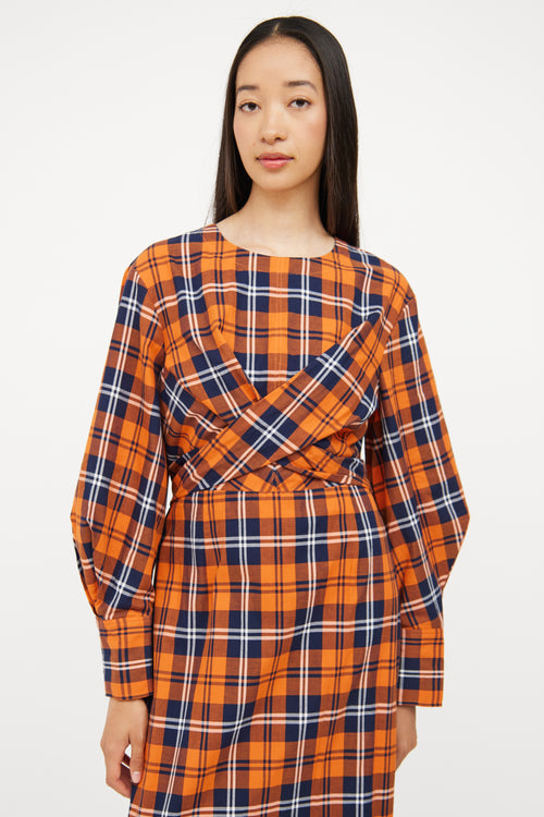 Staud Orange & Navy Plaid Crosshill Dress