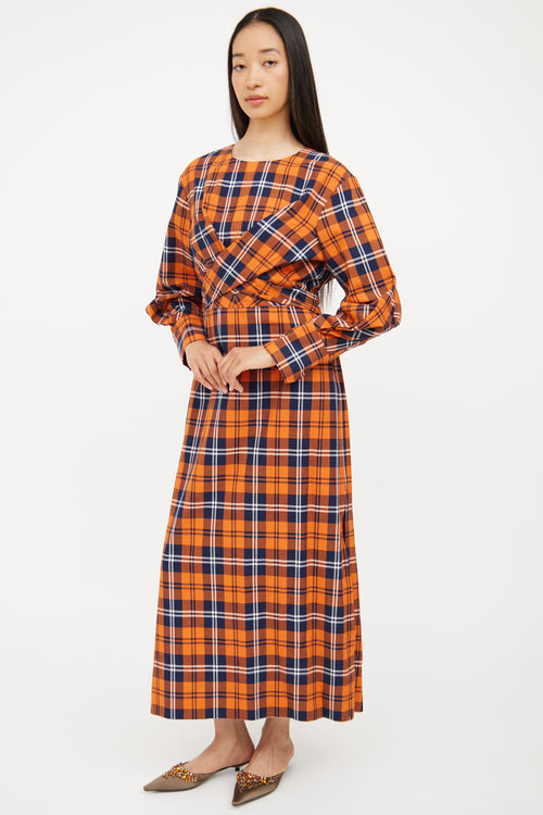 Staud Orange & Navy Plaid Crosshill Dress