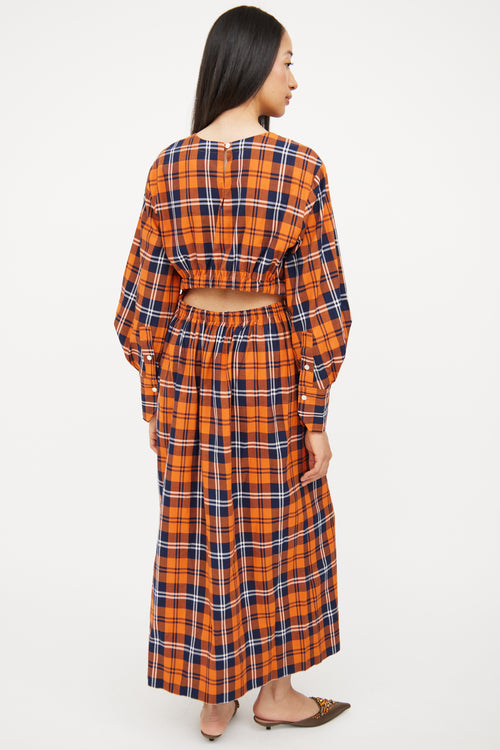 Staud Orange & Navy Plaid Crosshill Dress