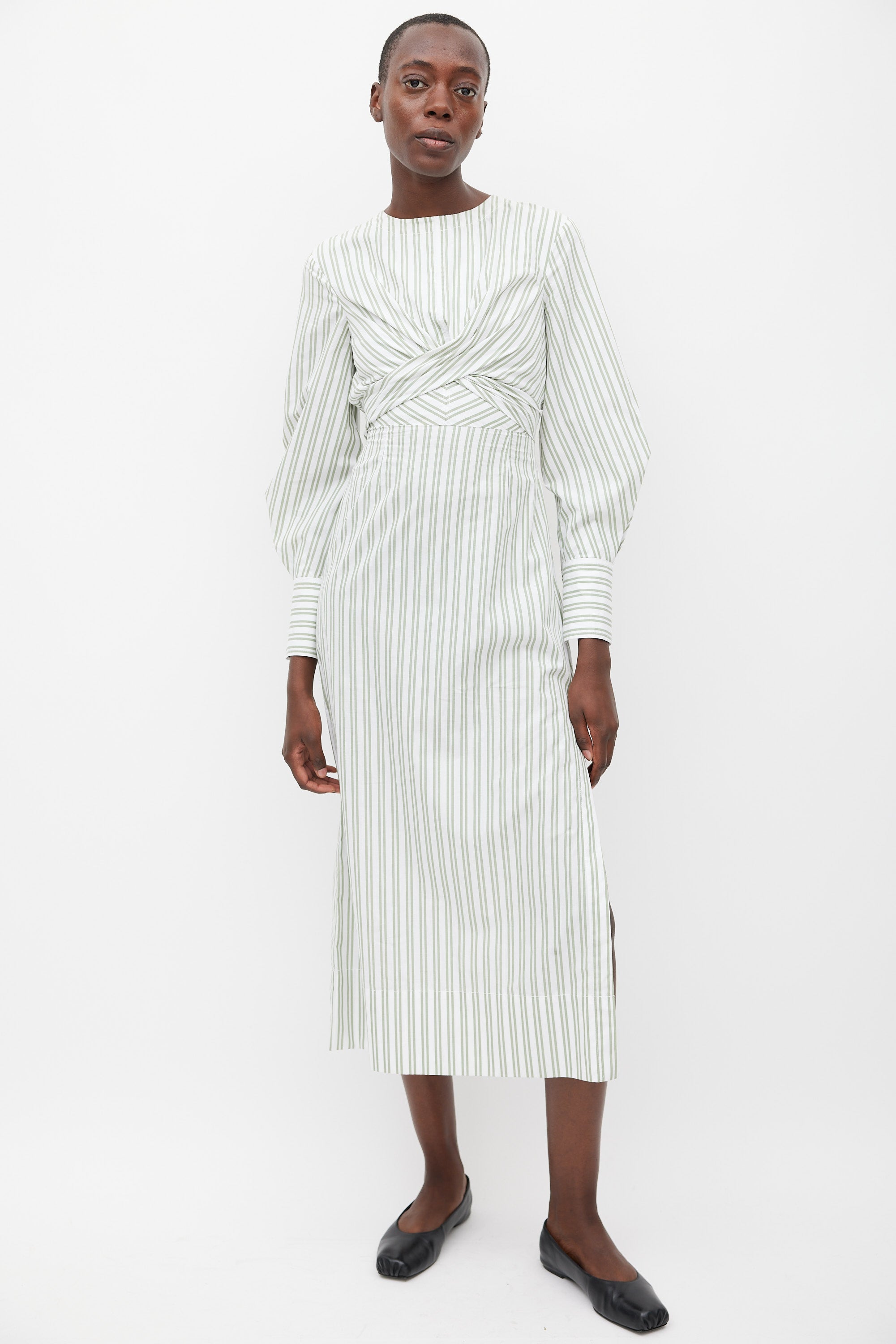staud green and white dress STAUD Wells Toile-Print Cotton-Blend Poplin Midi Dress
